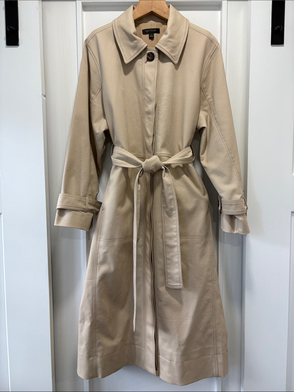Ann Taylor Beige Cotton Long Trench Mac Coat with Belt Size Medium
